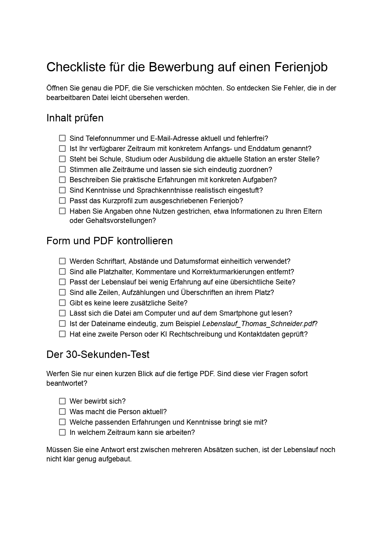 Checkliste Bewerbung Ferienjob