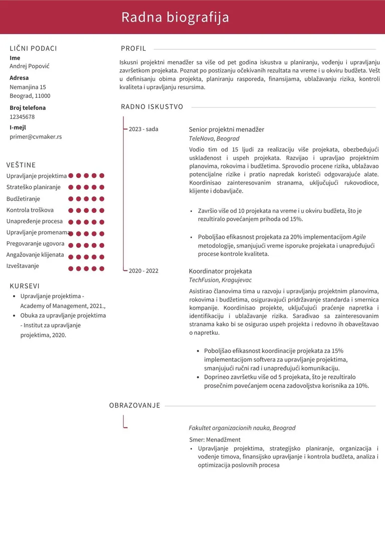 Primer CV-ja za projektnog menadžera