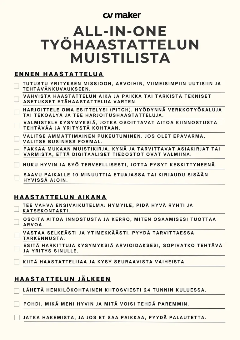 All-in-one työhaastattelun muistilista