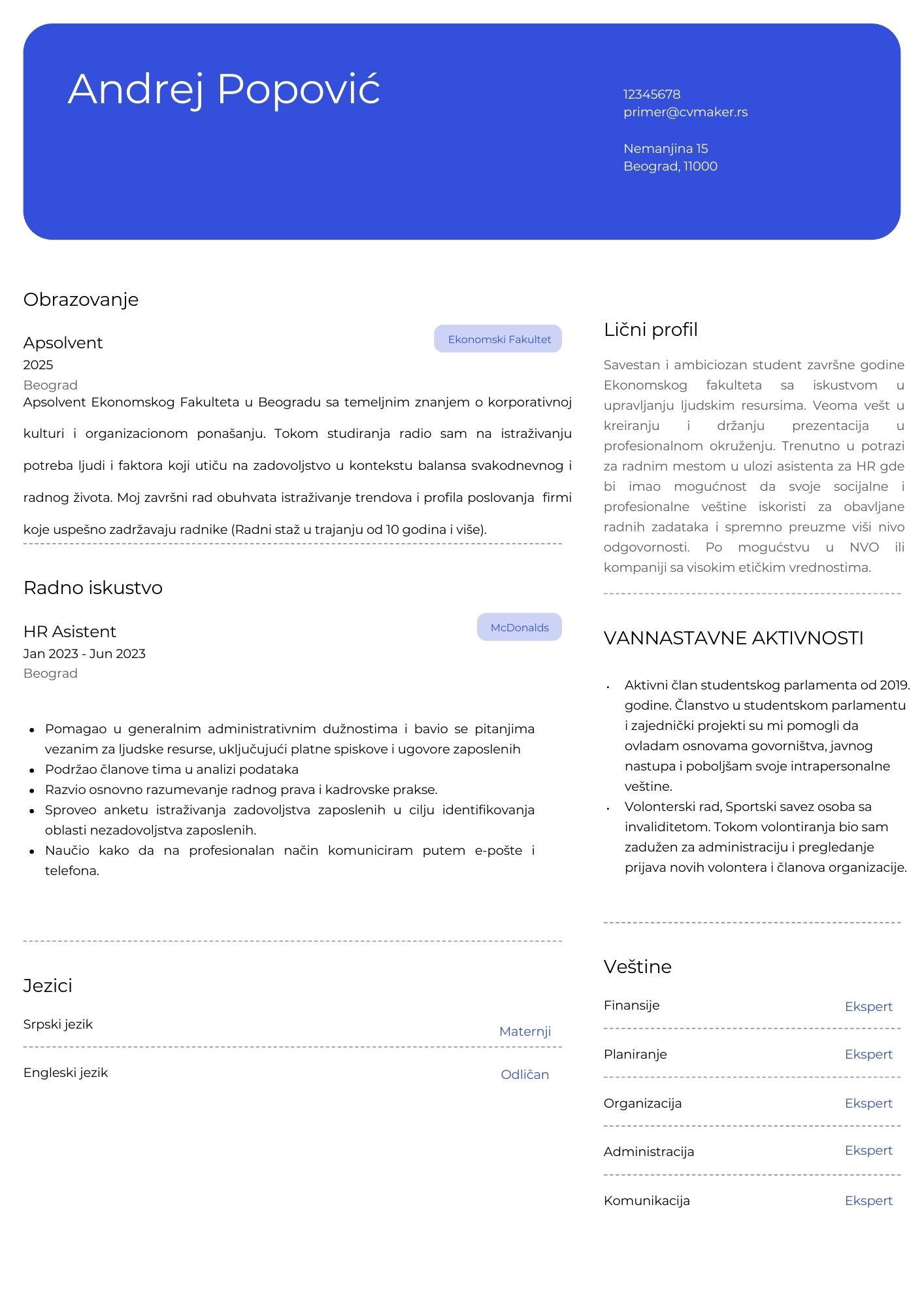 Primer CV-ja za studenta