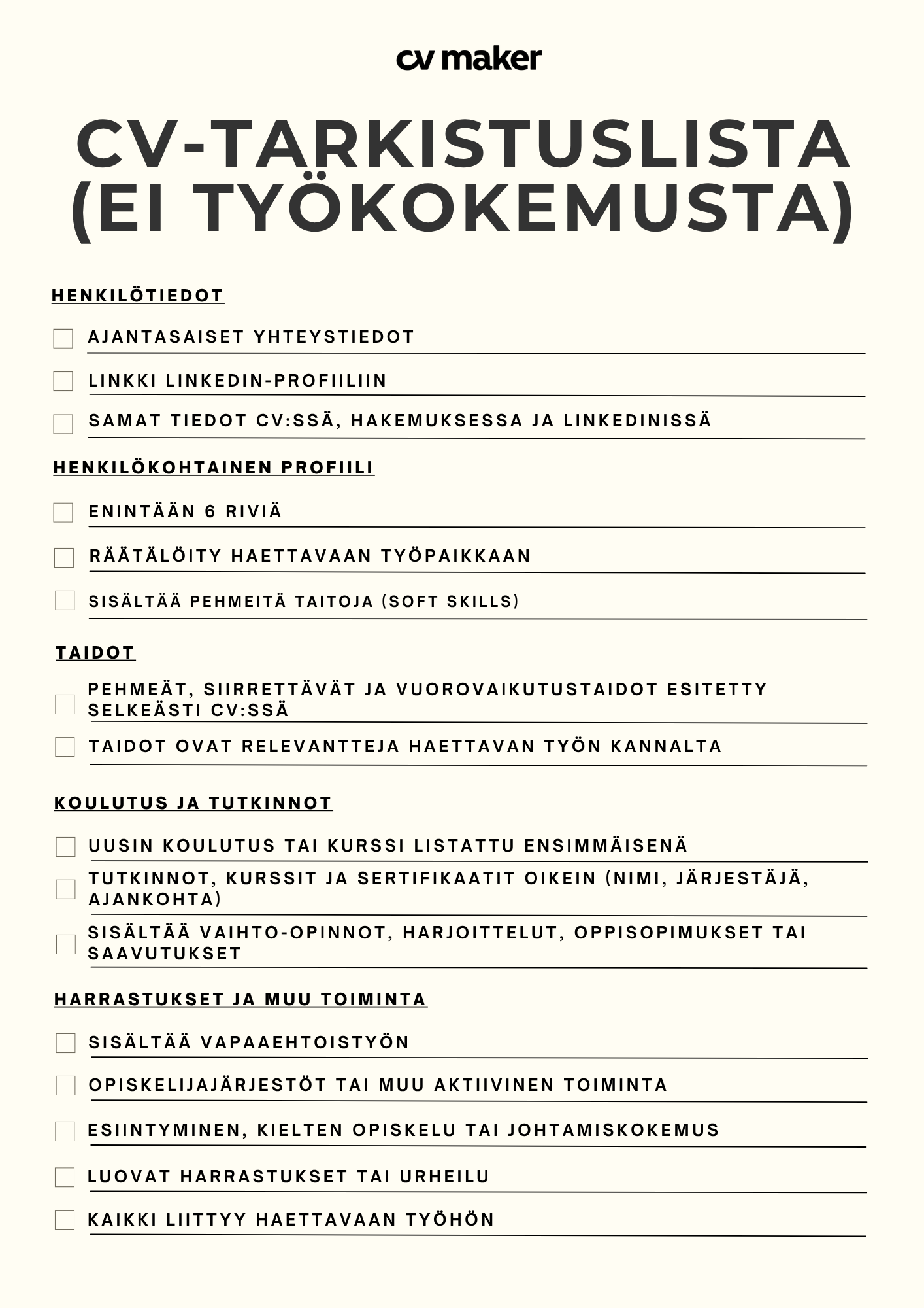 CV-tarkistuslista työnhakijoille
