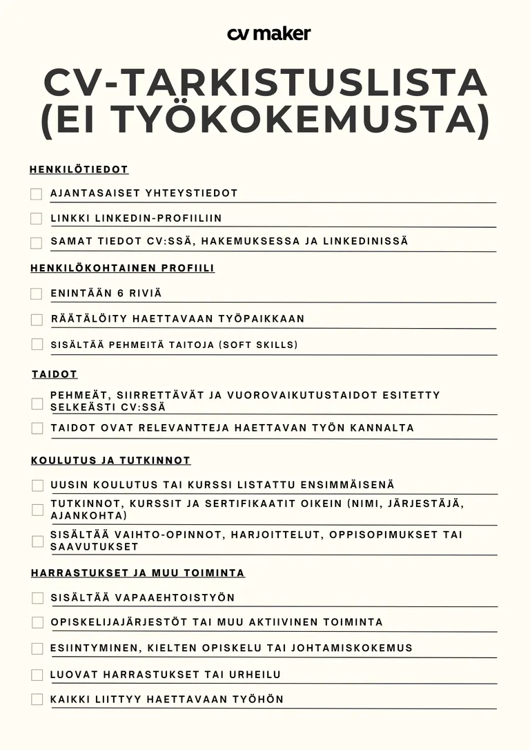 CV-tarkistuslista työnhakijoille