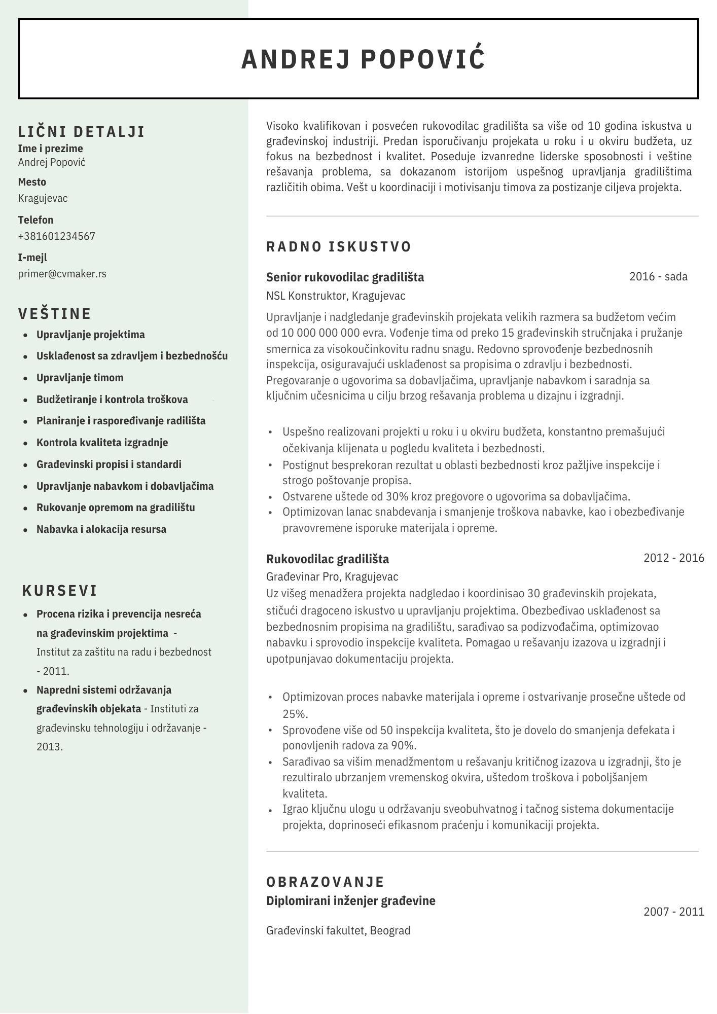 Primer CV-ja za građevinca