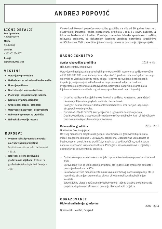 Primer CV-ja za građevinca