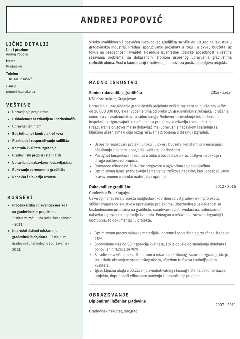 Primer CV-ja za građevinca