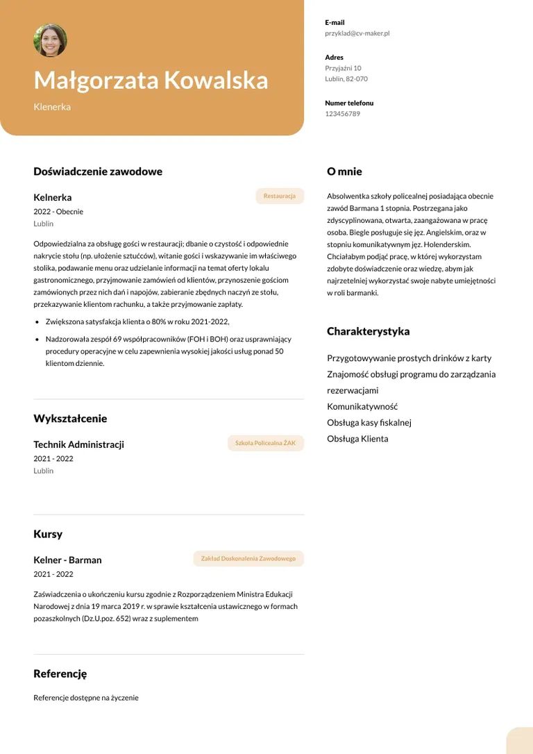 CV kelnerka - przykład