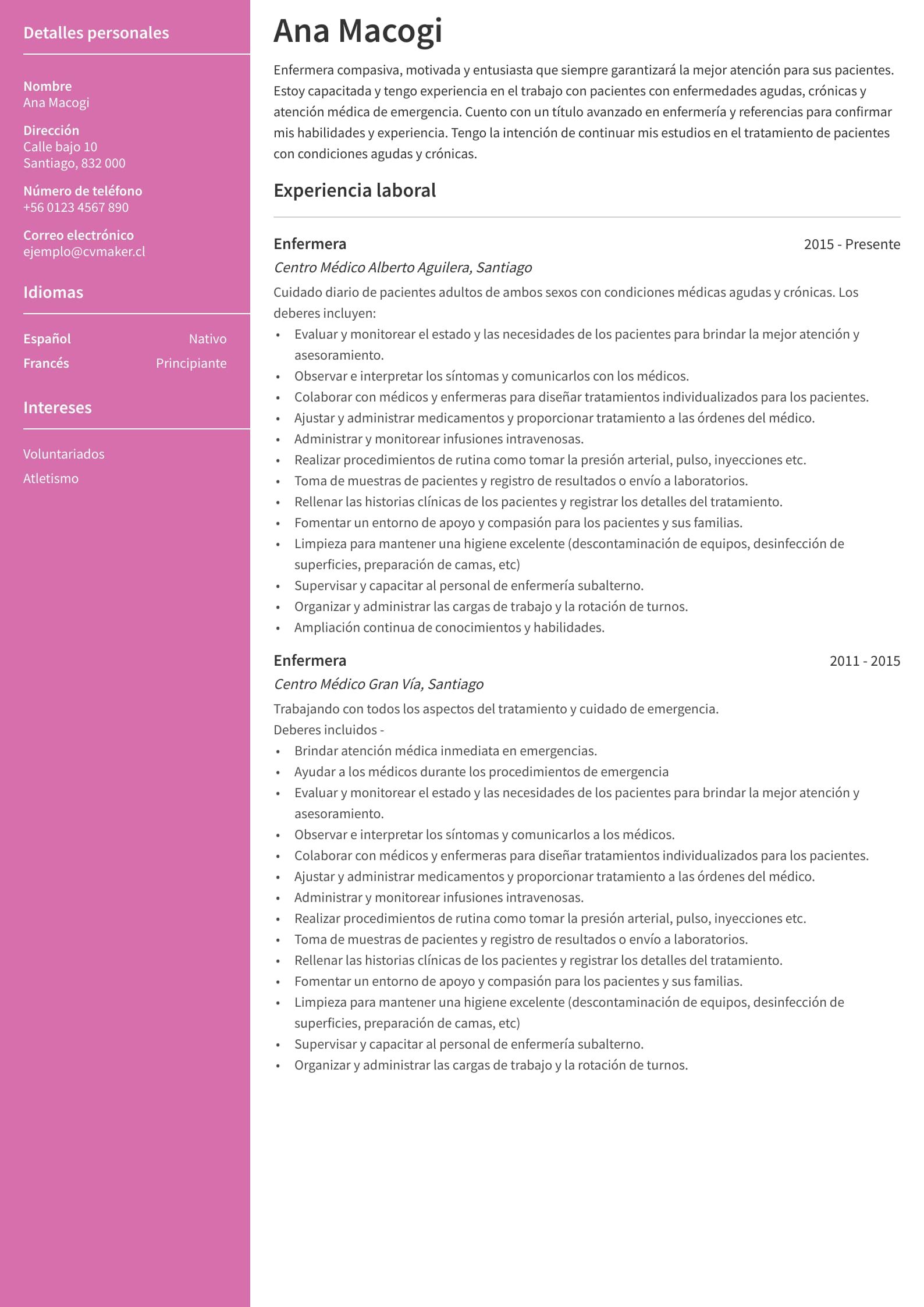 Currículum de enfermera