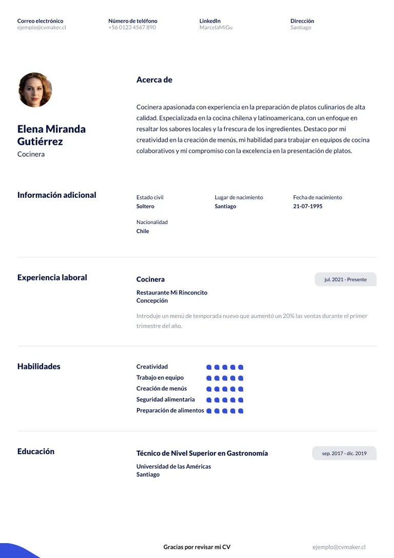 cv ejemplo moderna cocinera