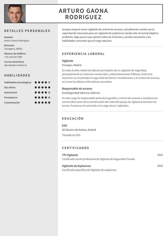 ejemplo de CV de vigilante