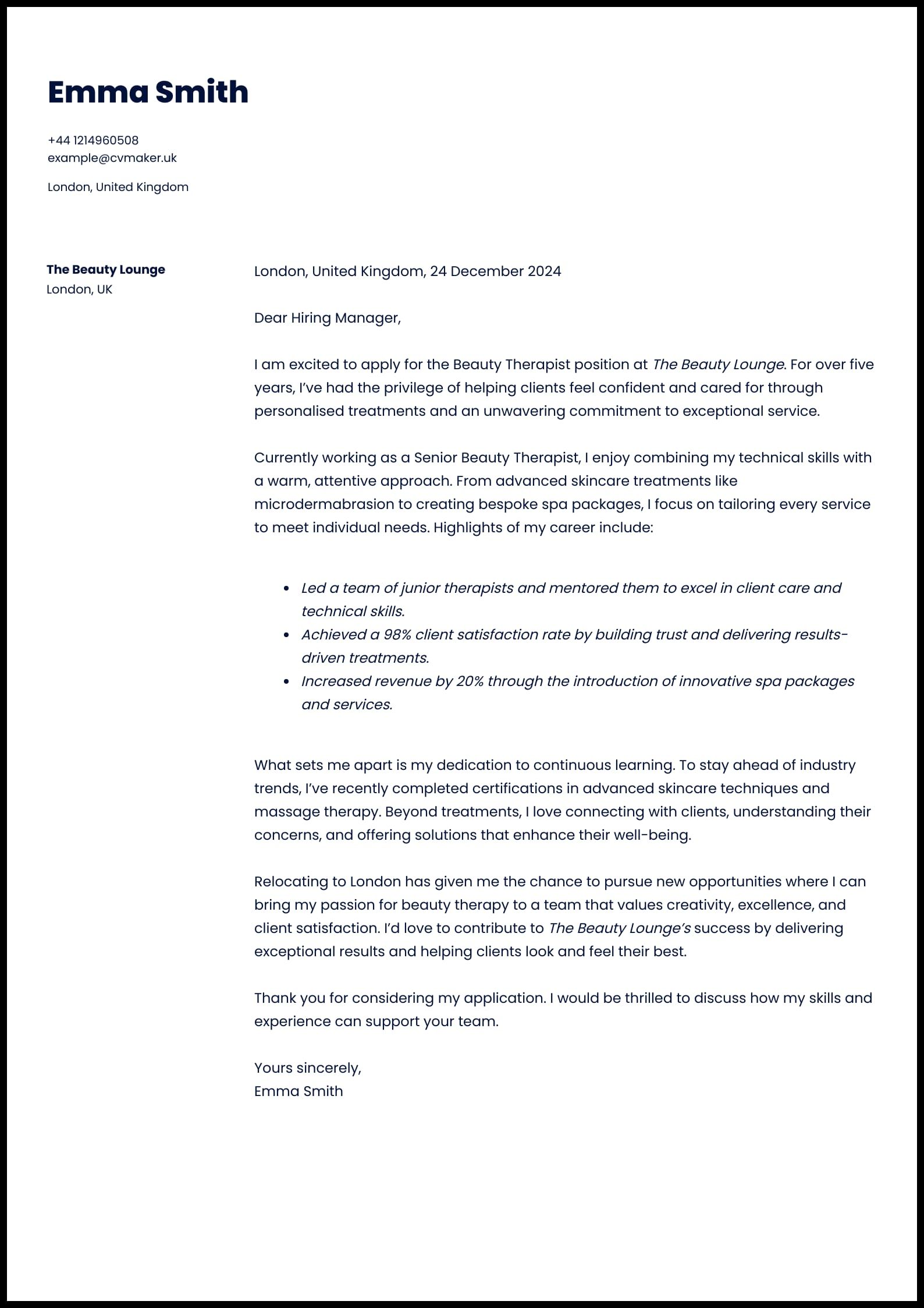 Beauty Therapist Cover Letter