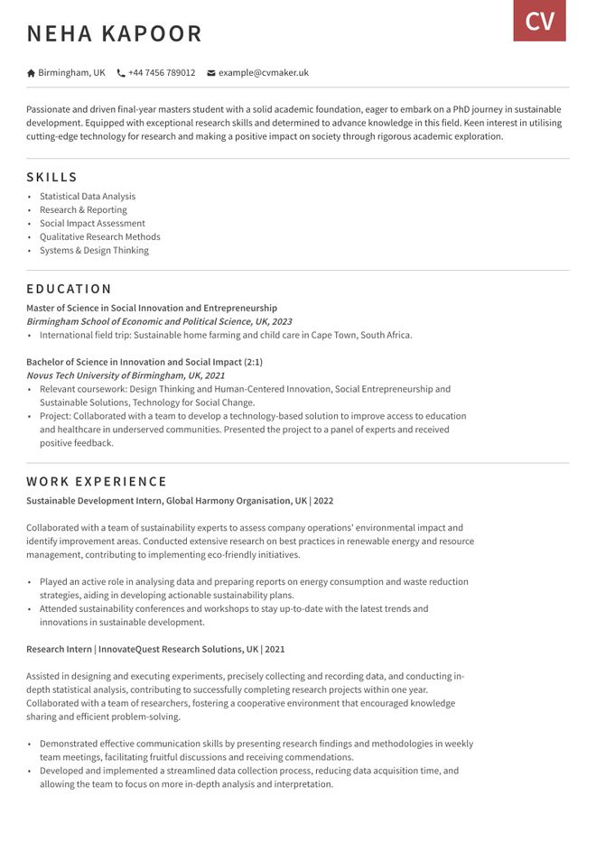 PhD CV sample