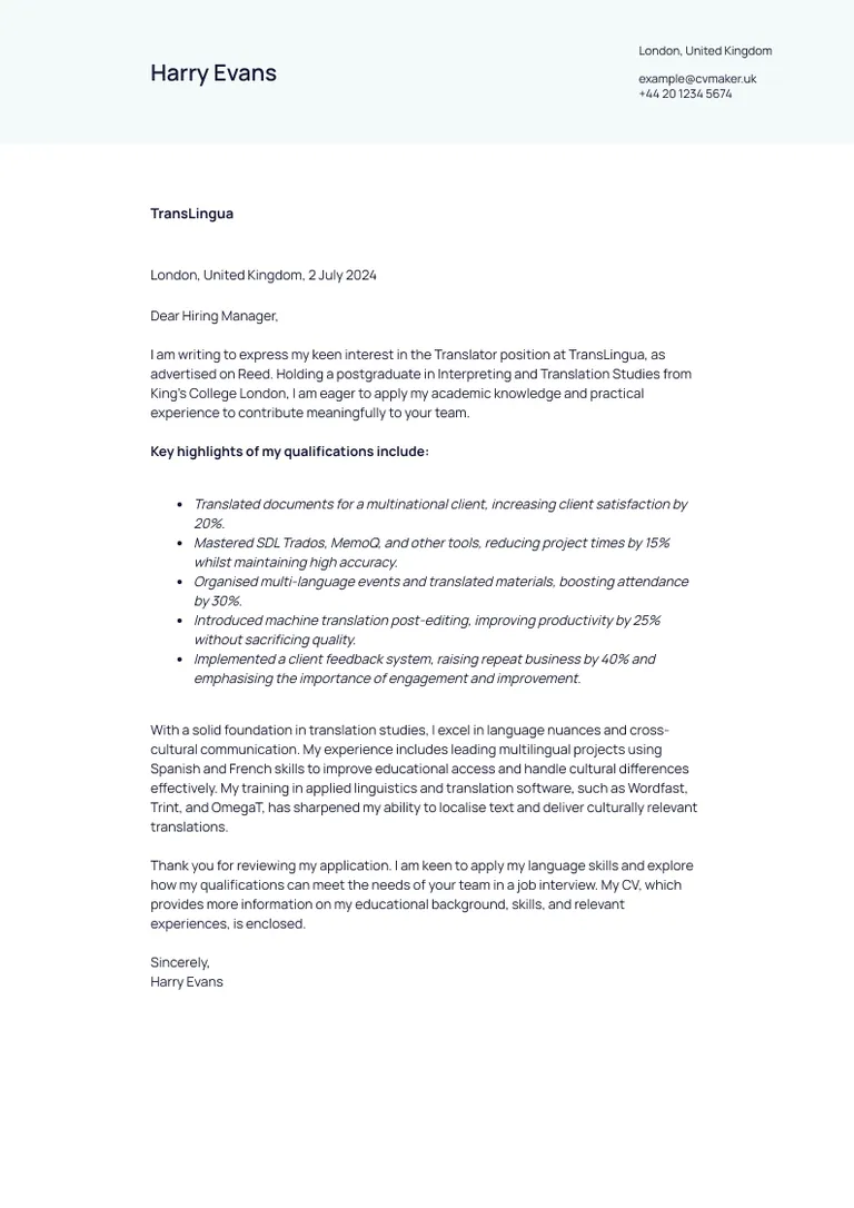 Translator cover letter example