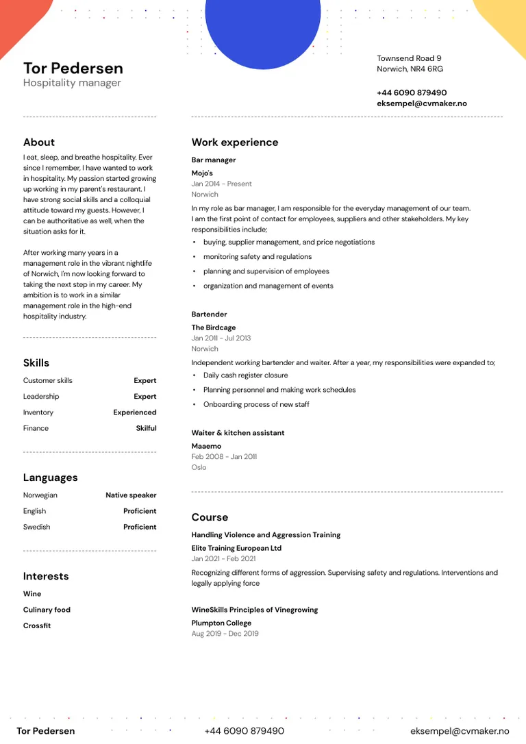 Et annet eksempel på en stilig CV på engelsk - Hopkins mal