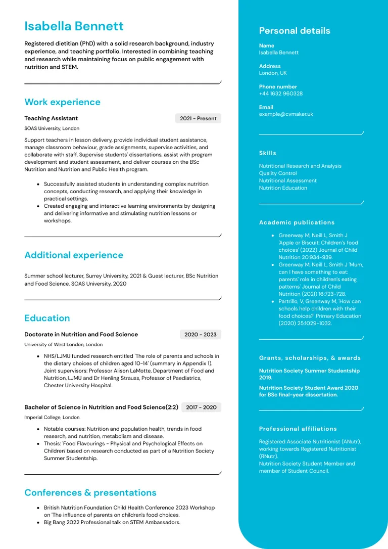 Academic CV example