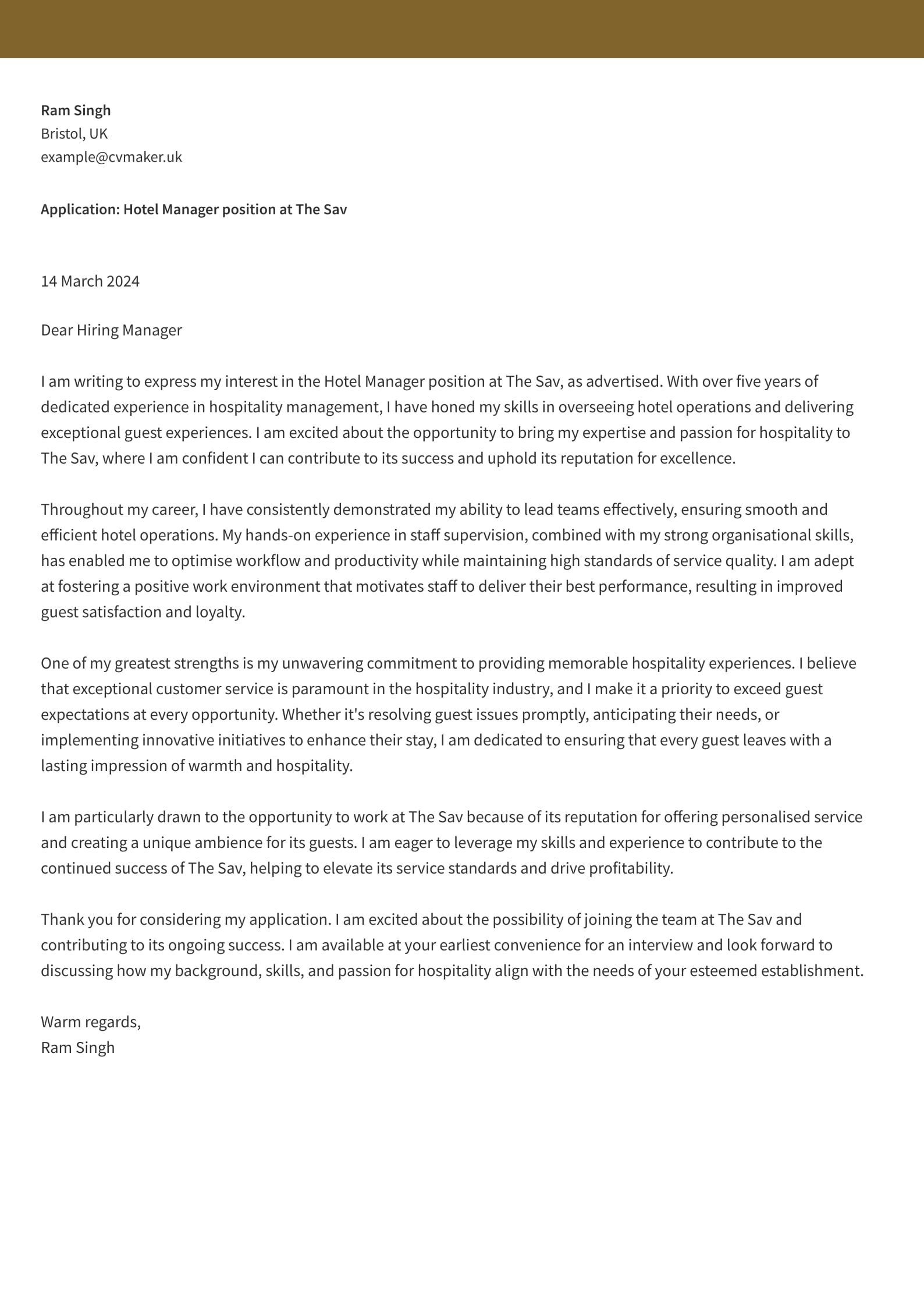 Hospitality Cover Letter