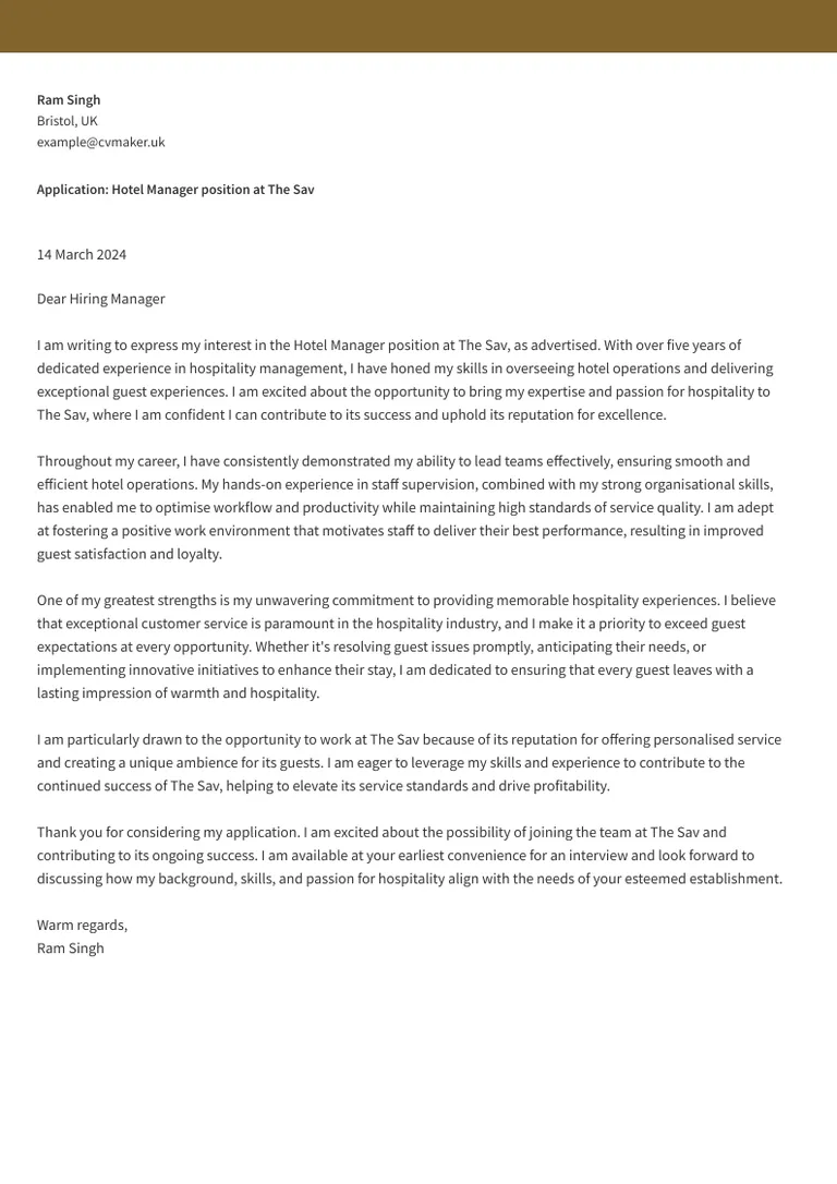 Hospitality cover letter sample