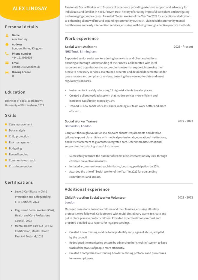 Social worker CV sample
