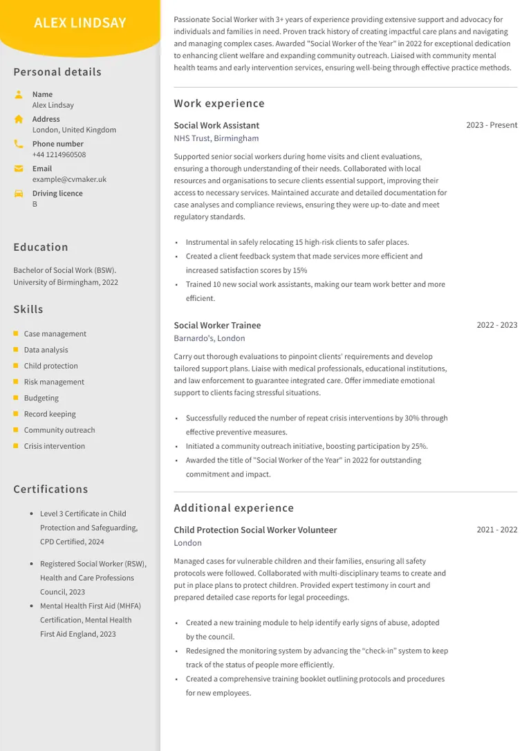 Social worker CV sample