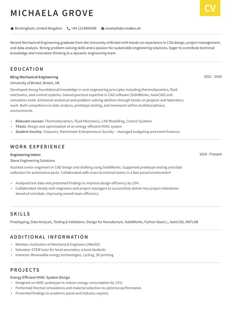 engineering graduate cv sample