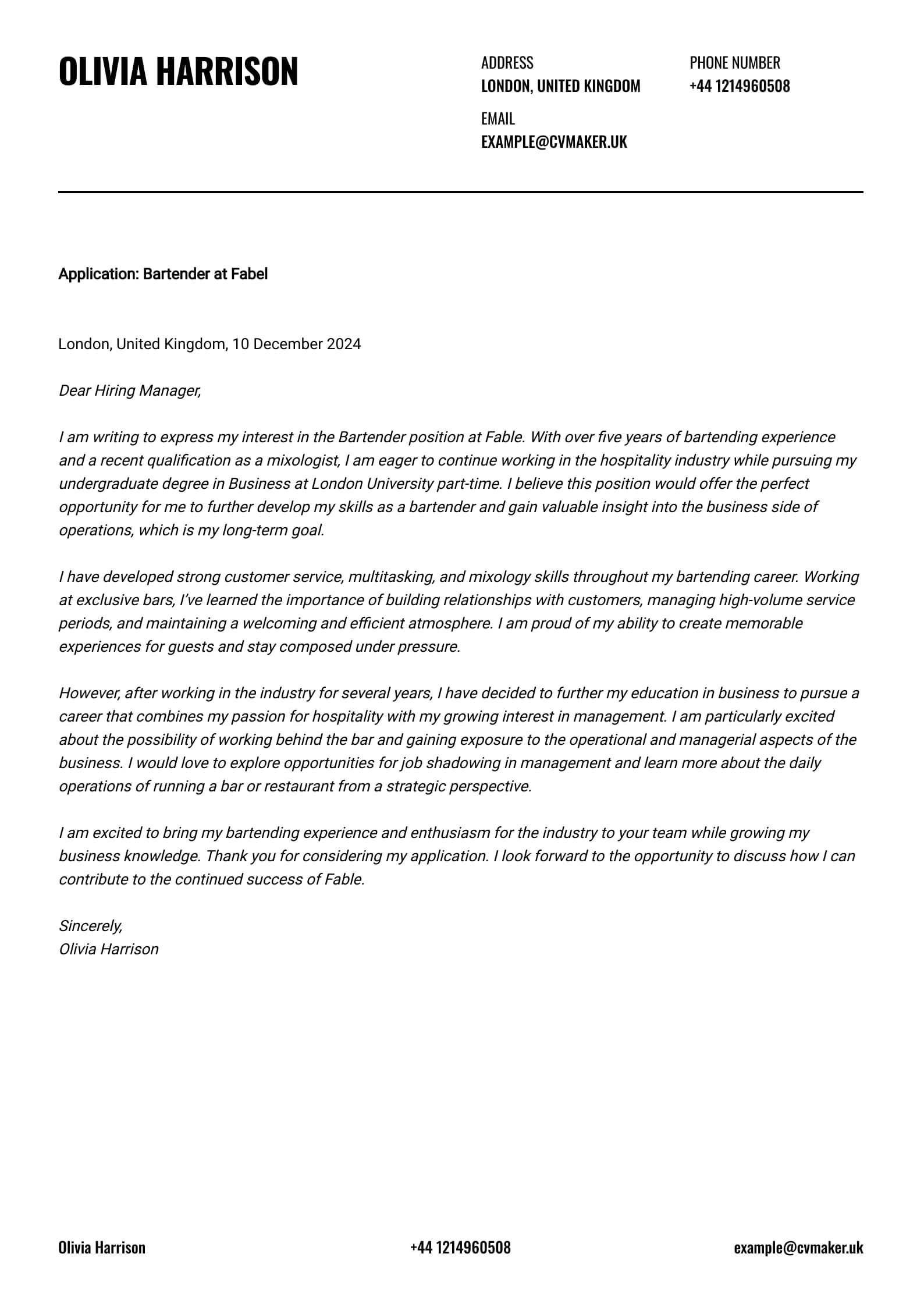 Bartender Cover Letter