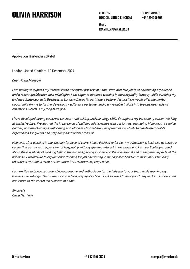 bartender cover letter example