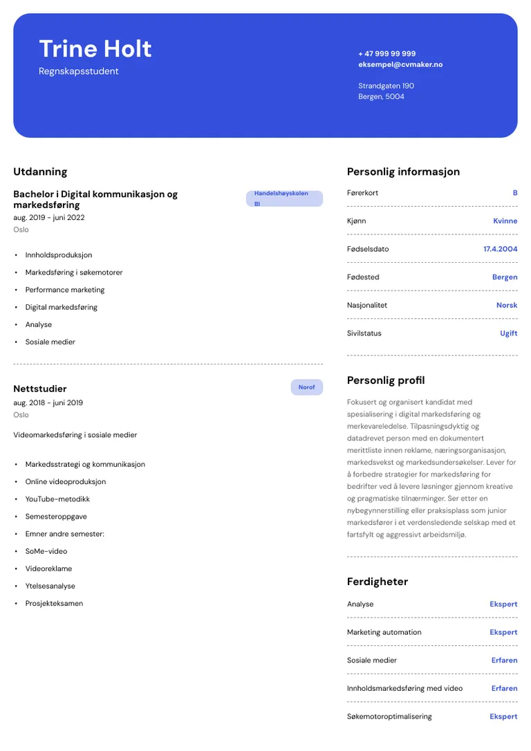 Eksempel på CV for nyutdannet