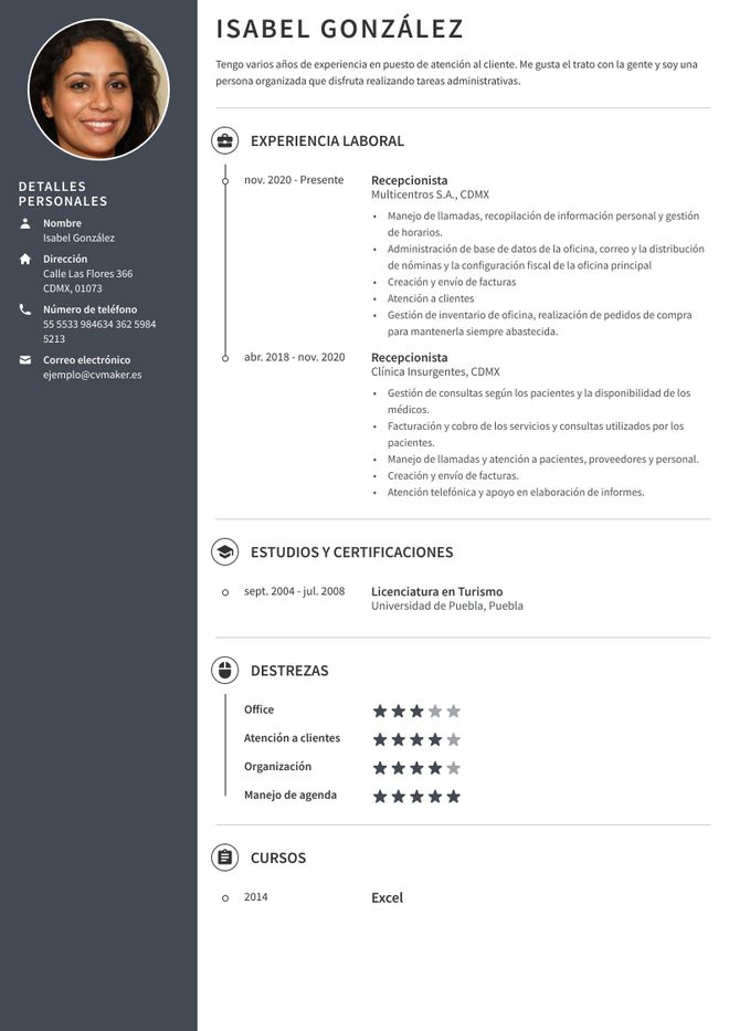 ejemplo de currículum de recepcionista