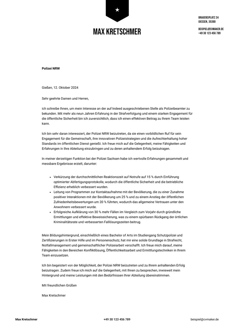 Beispiel Anschreiben Bewerbung Polizist