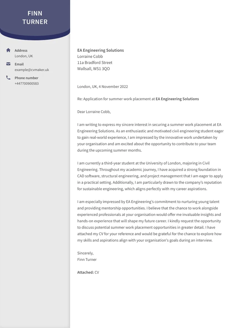 Work placement cover letter example