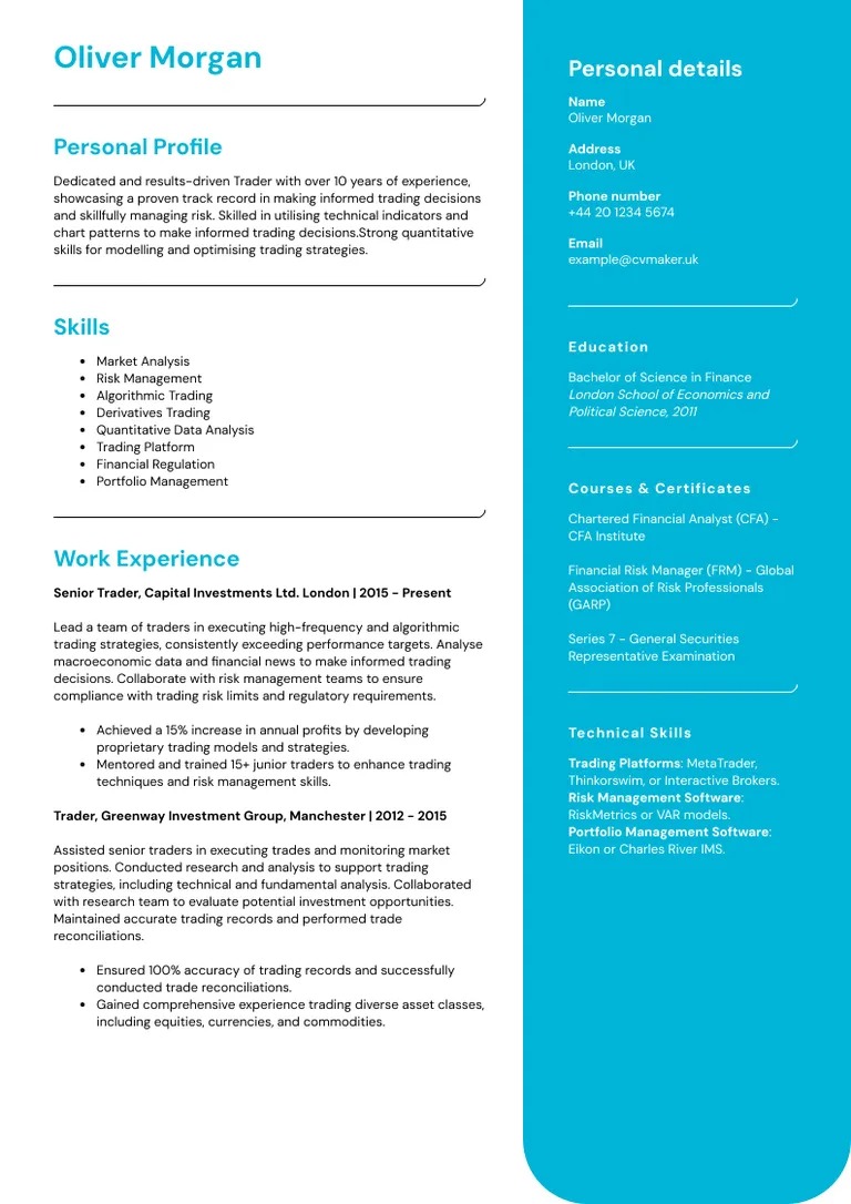 Trader CV sample