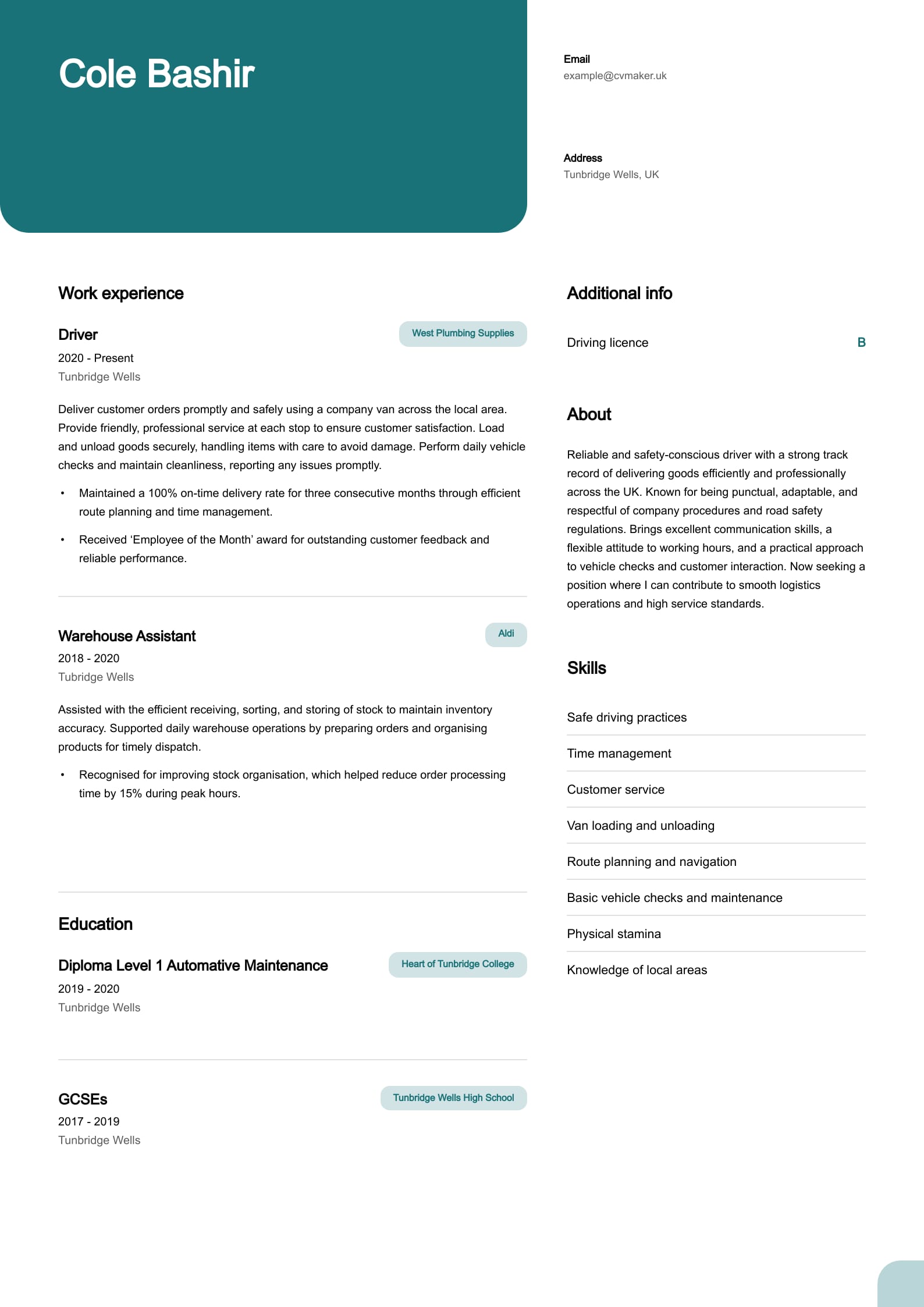 driver CV example
