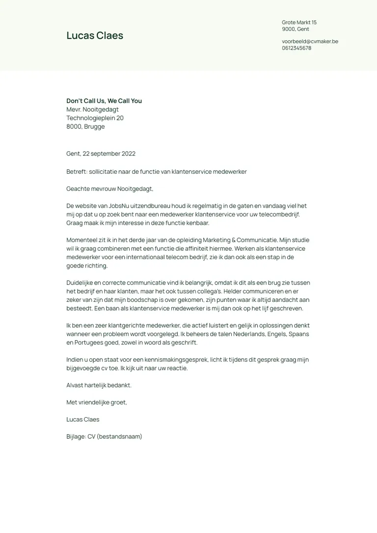 klantenservice medewerker sollicitatiebrief voorbeeld