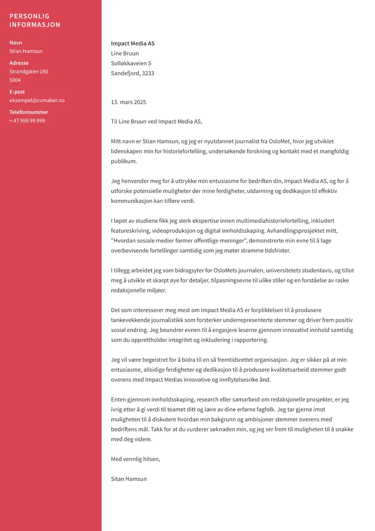 Eksempel på søknadsbrev for journalist