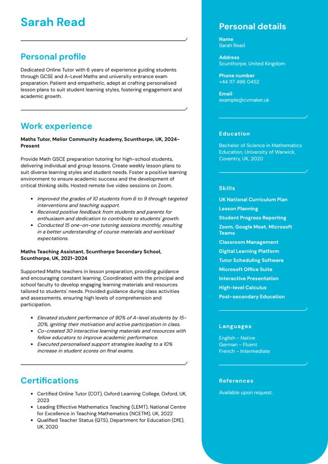 Tutor CV sample