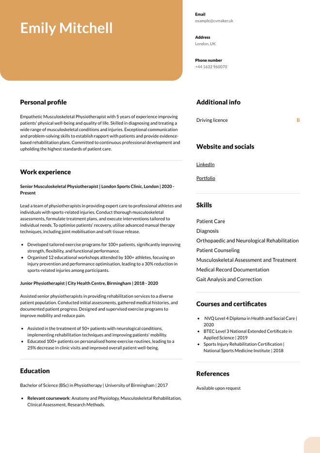 Physiotherapist CV sample