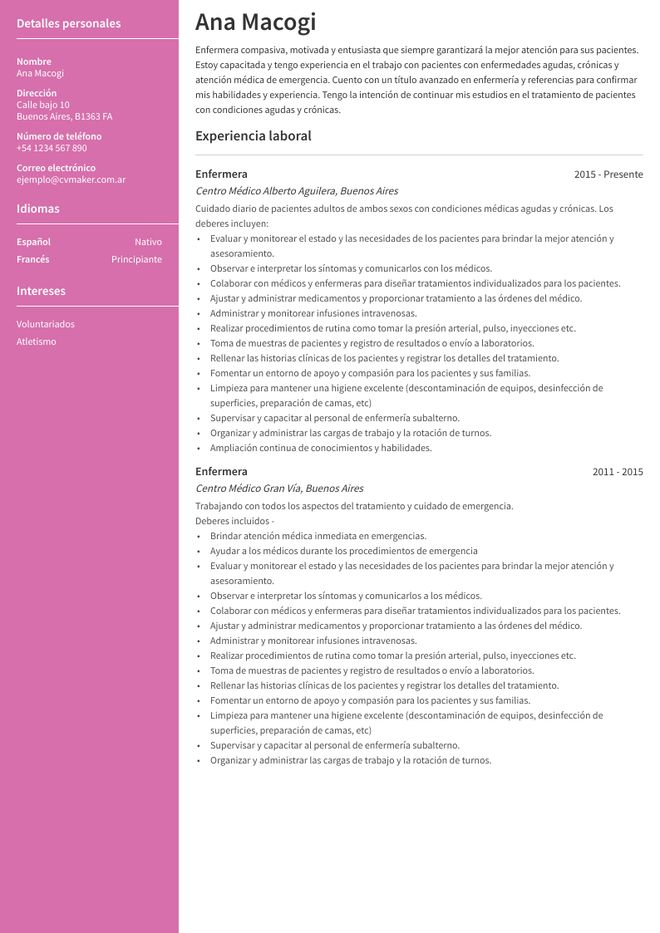 cv ejemplo enfermera