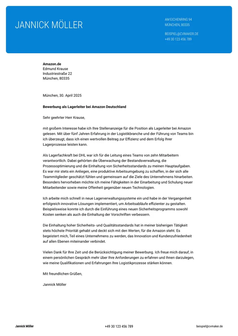 Beispiel Anschreiben Lagermitarbeiter