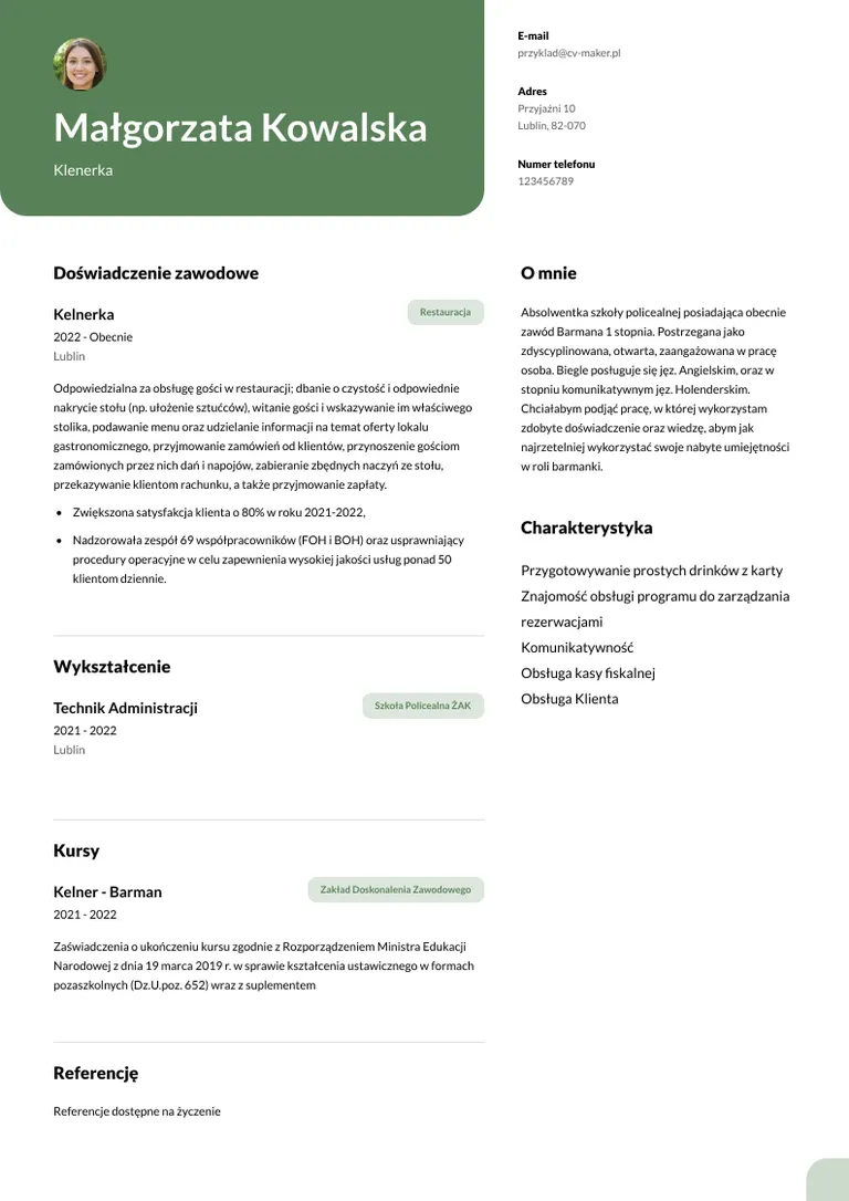 Przykładowe CV dla  branży w hotelarstwie i gastronomii