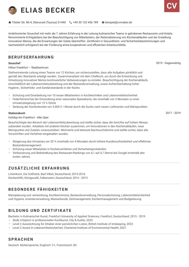 Lebenslauf Beispiel Koch