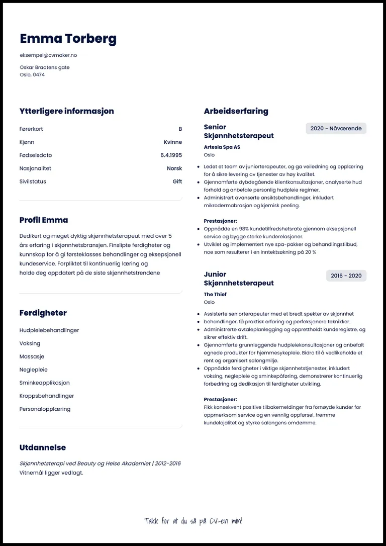 Kosmetolog CV eksempel