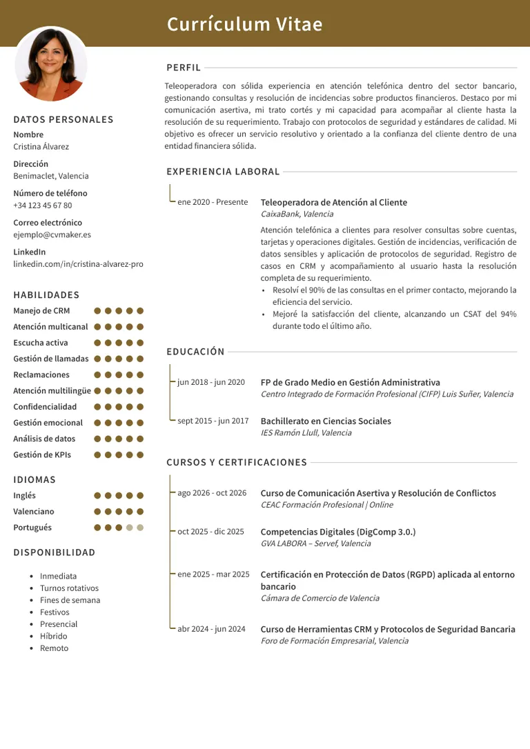 Ejemplo de currículum de teleoperador