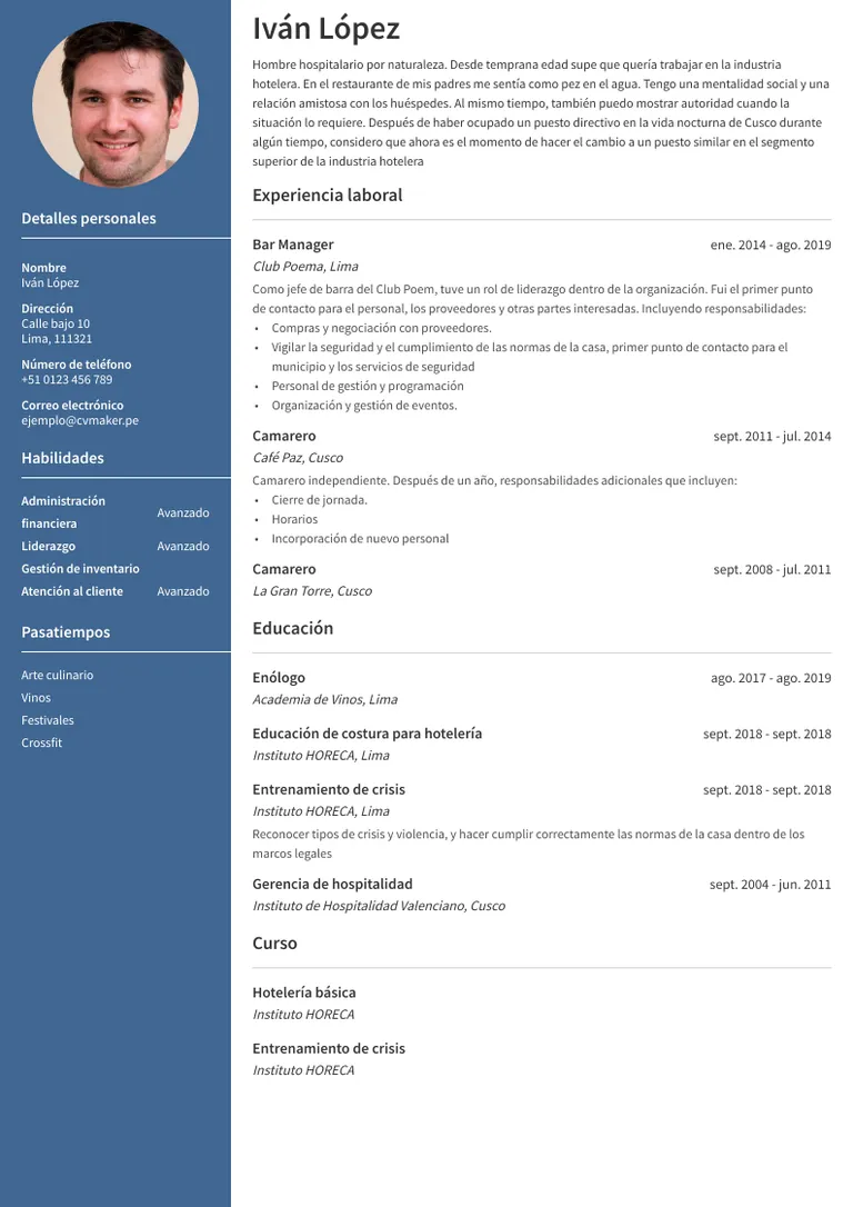 CV de hostelería