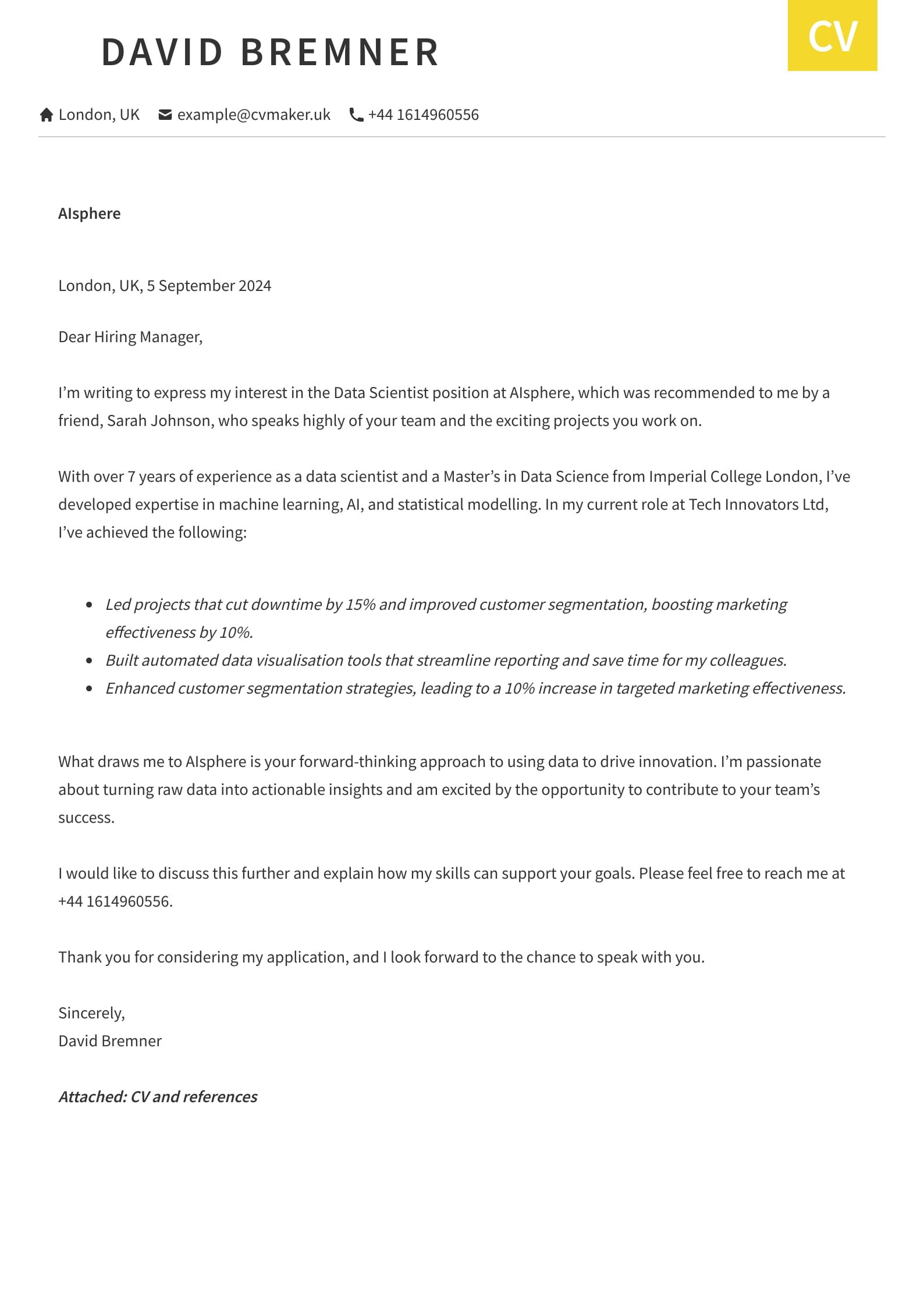 Data Scientist Cover Letter