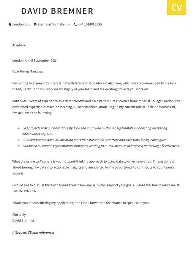 Data Scientist cover letter sample
