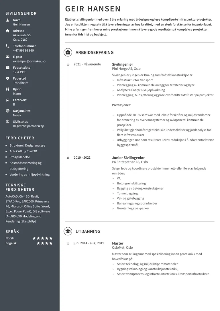 Eksempel på CV for sivilingeniør