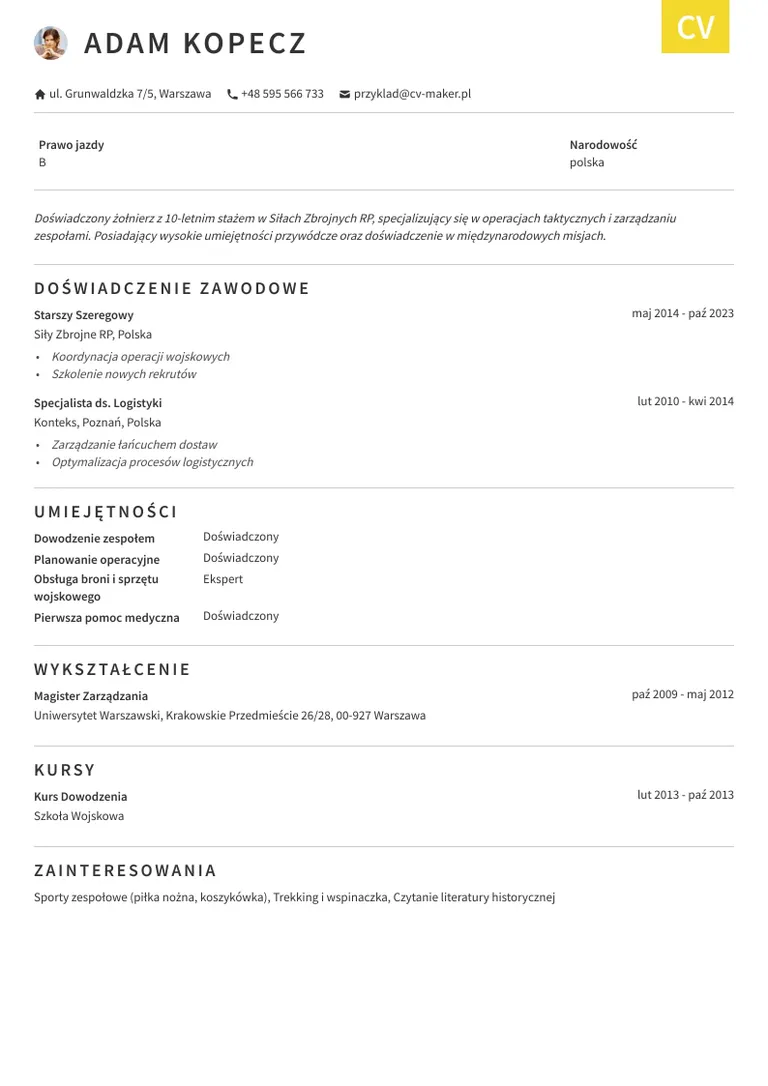 CV do wojska - przykład