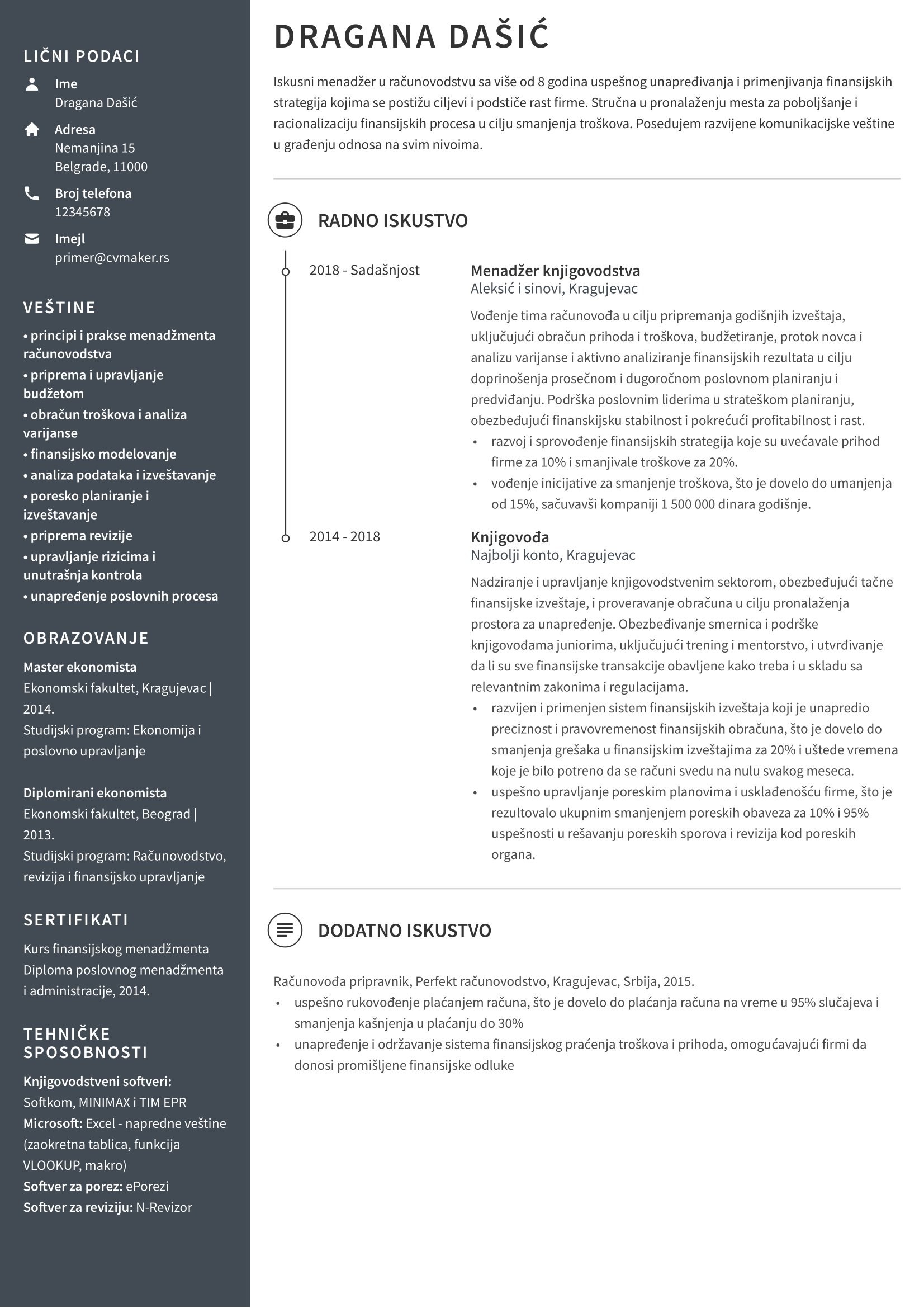 Primer CV-ja za knjigovođu