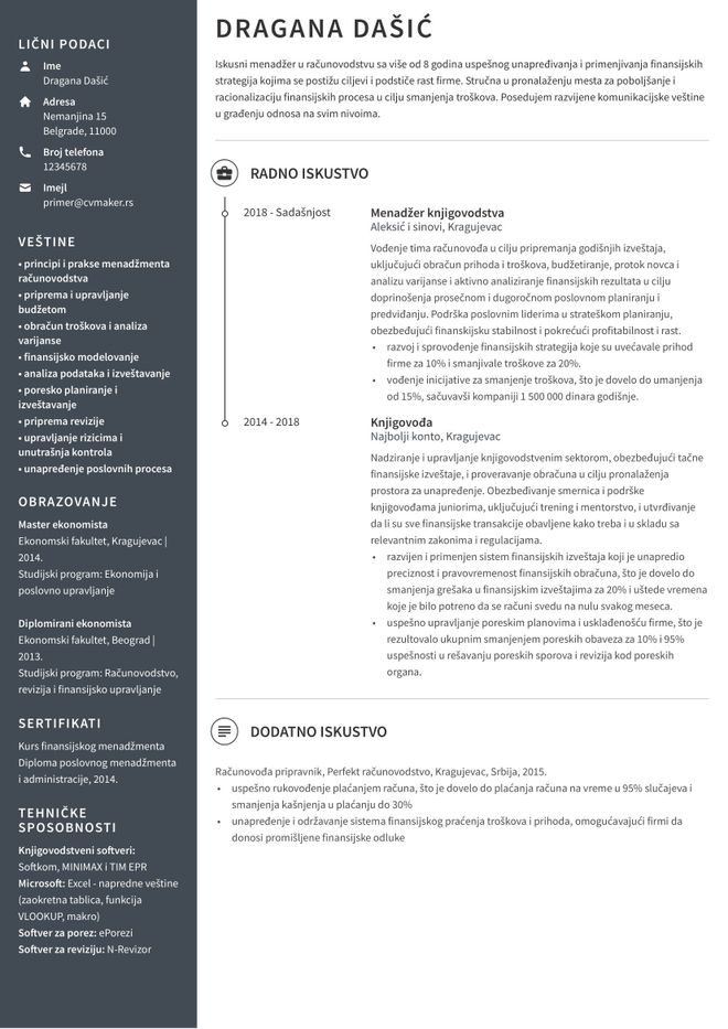 Primer CV-ja za knjigovođu