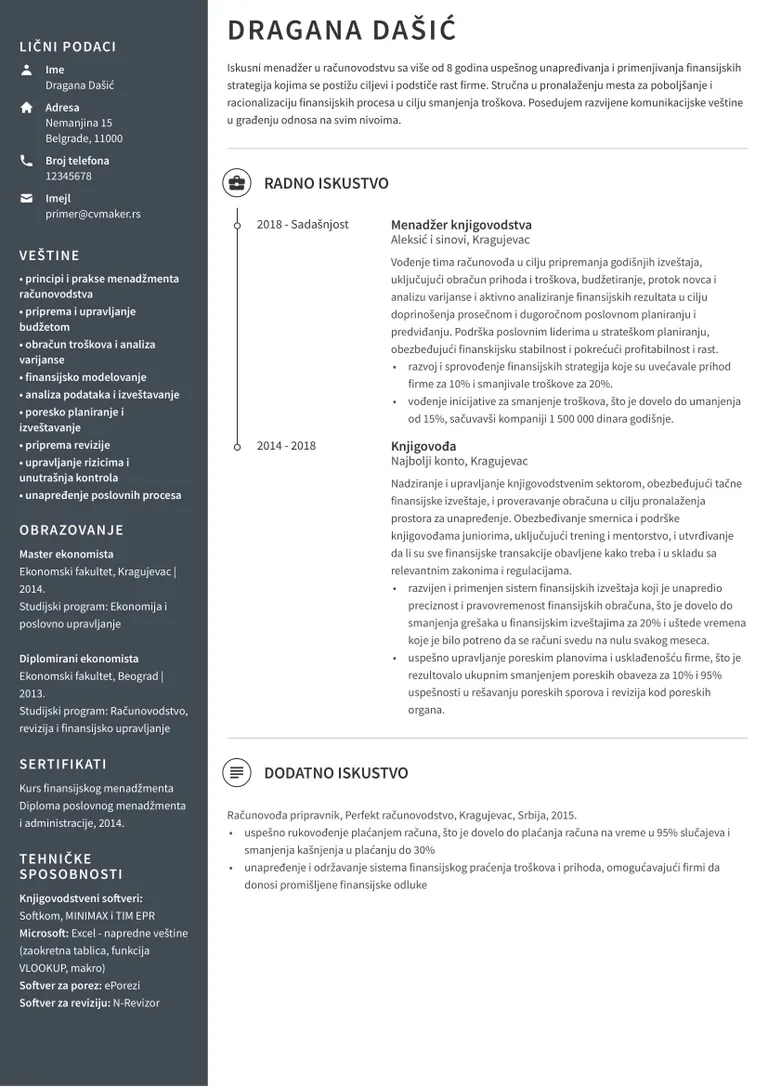Primer CV-ja za knjigovođu