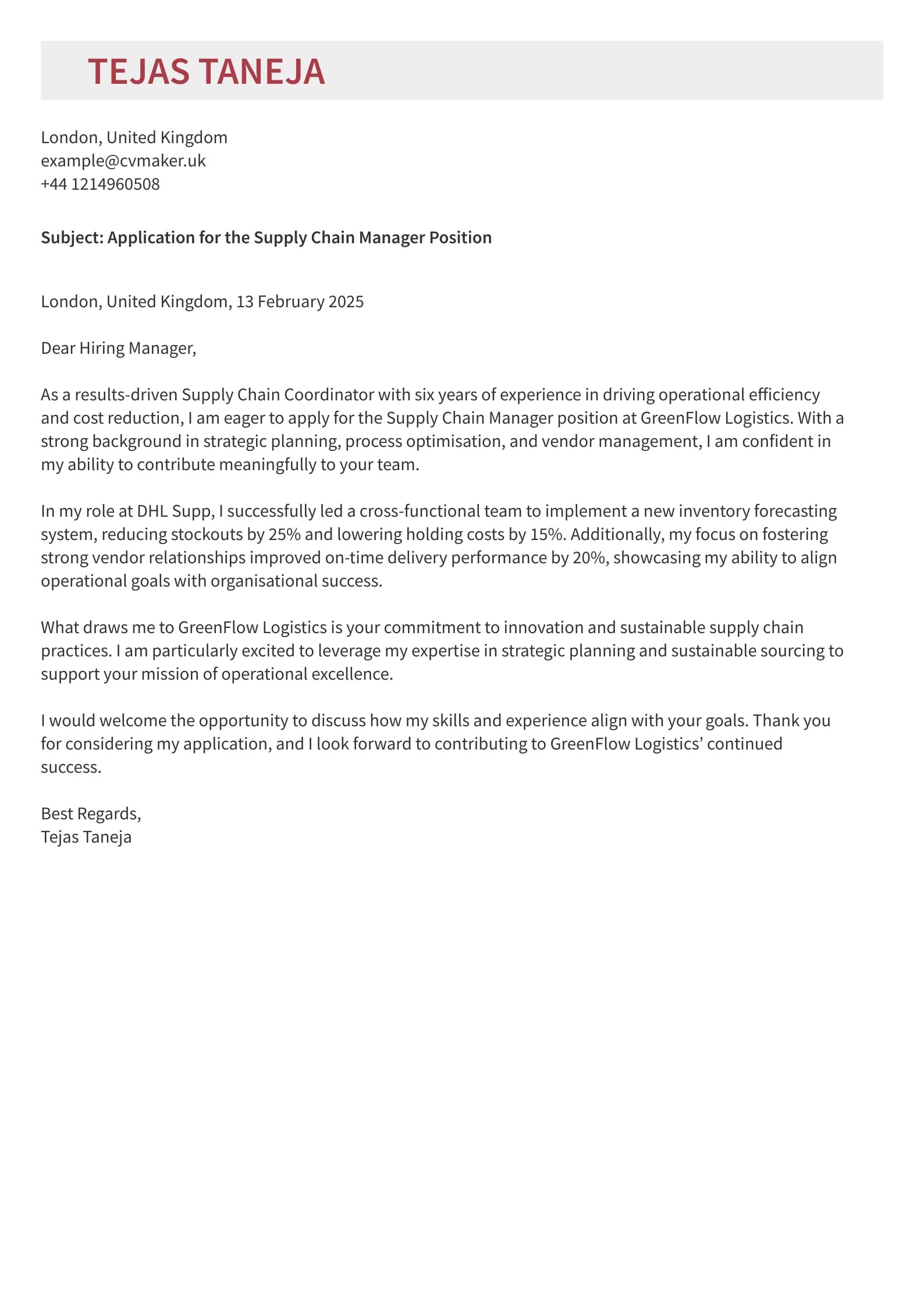 Supply Chain Cover Letter